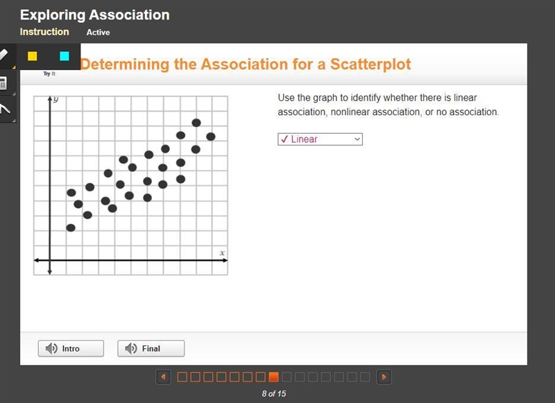 Using the scatterplot, determine the association. Linear association Nonlinear association-example-1