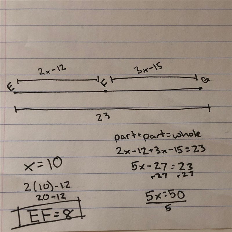 If EF= 2x-12, FG=3x-15 and EG= 23 find EF I need help-example-1