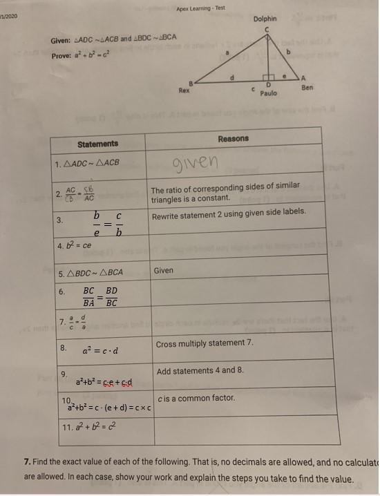 Given ADC ACB and BDC BCA prove a squared + b squared = c squared. Use the two Column-example-1