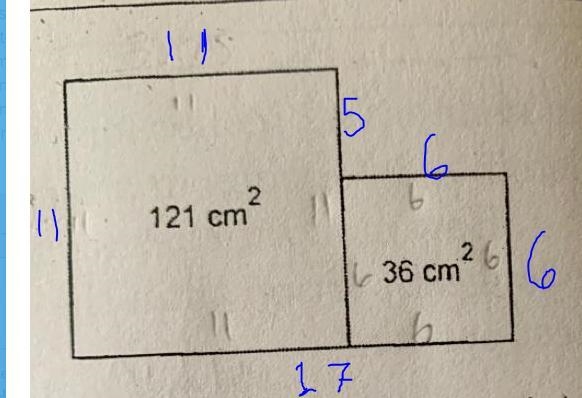 The figure above consists of two squares with given areas. What is the perimeter of-example-1