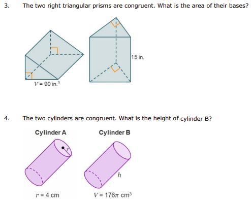 3. The two right triangular prisms are congruent. What is the area of their bases-example-1