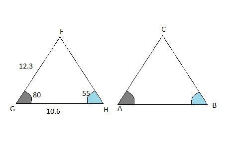 In triangle FGH, FG = 12.3 cm, GH = 10.6 cm, Measure of angle G = 80 degrees, and-example-1