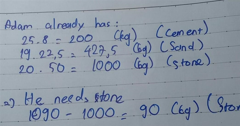 Adam is going to make concrete. He is going to use: 180 kg of cement 375 kg of sand-example-1