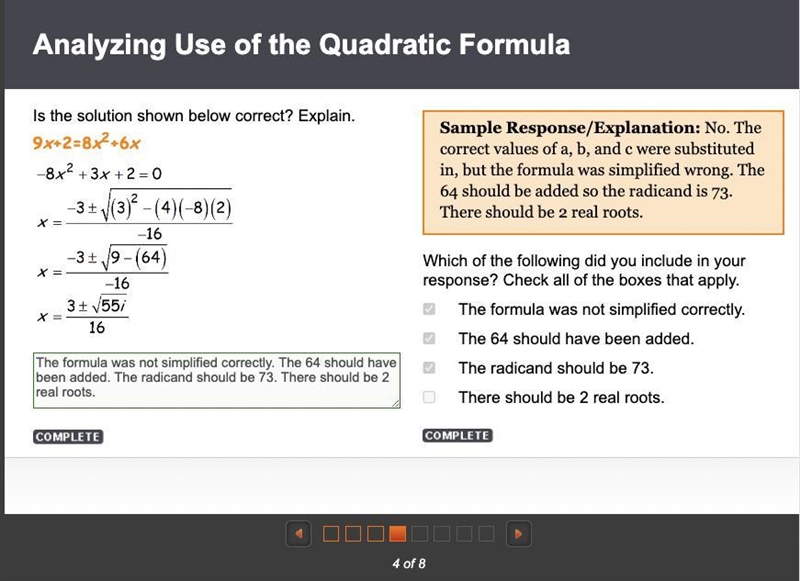 Sample Response/Explanation: No. The correct values of a, b, and c were substituted-example-1