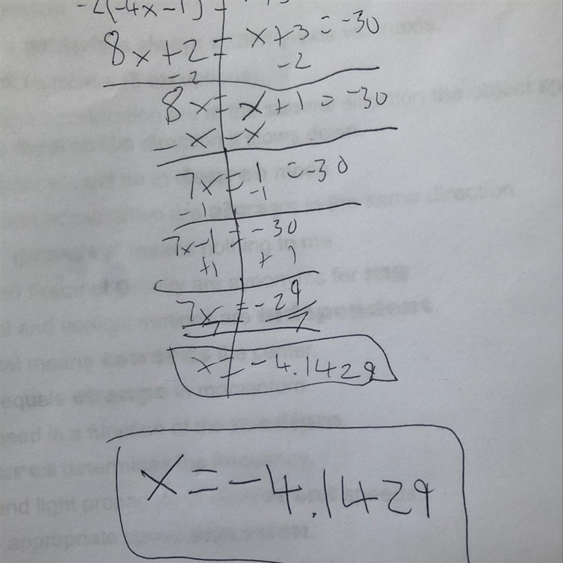 Solve for x. -2(-4x - 1) = x + 3 = -30​-example-1