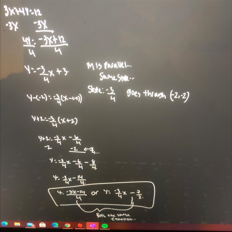 Find the equation of the line through point (-2,-2)and parallel to 3x+4y=12-example-1