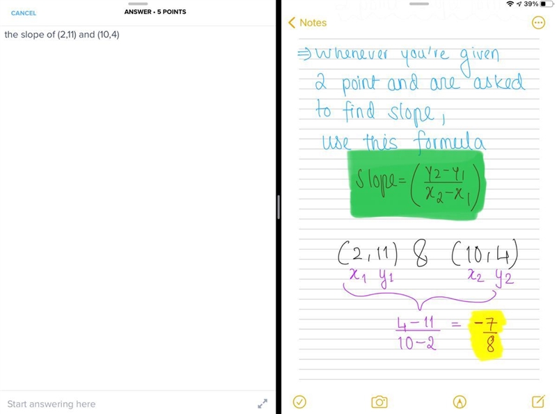 The slope of (2,11) and (10,4￼￼)-example-1