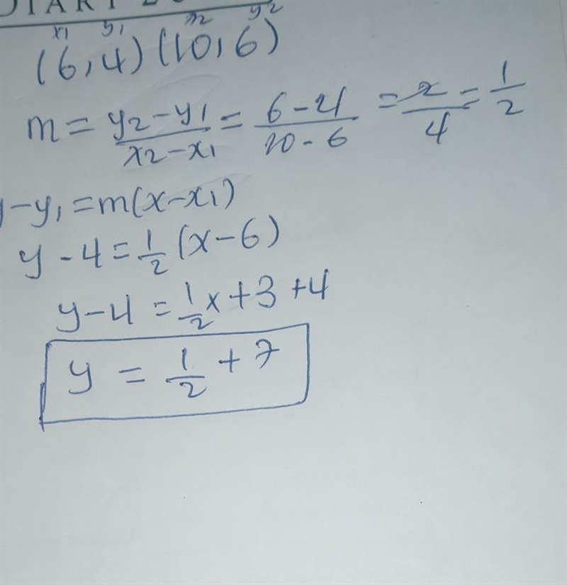 Create the equation in slope-intercept form (6,4) (10,6)-example-1