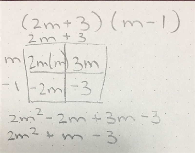 Write an equivalent expression for (2m+3)(m-1).-example-1