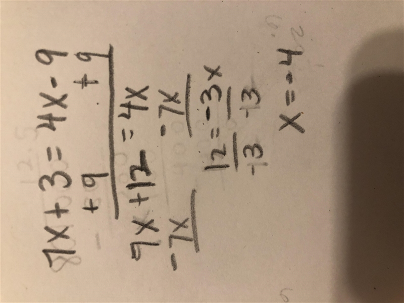 What is the value of x in the equation? 7x+3=4x-9-example-1