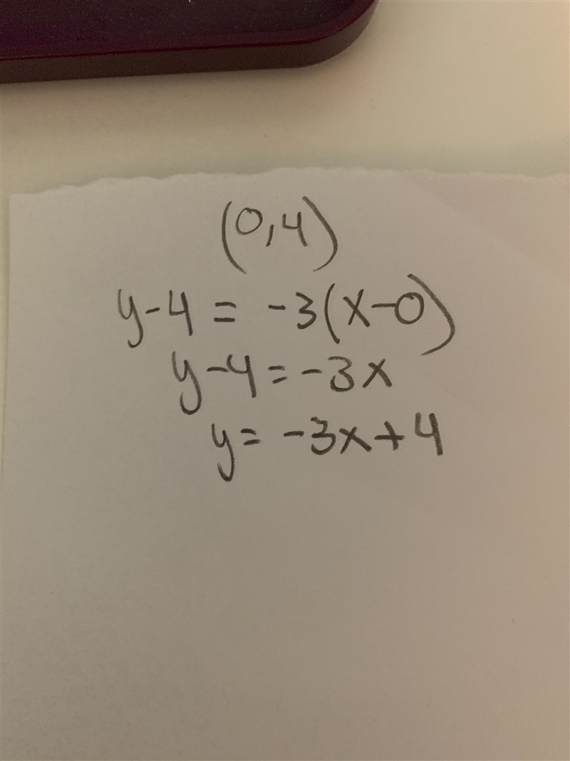 What is the equation of the line with a slope of –3 and a y-intercept of 4?-example-1