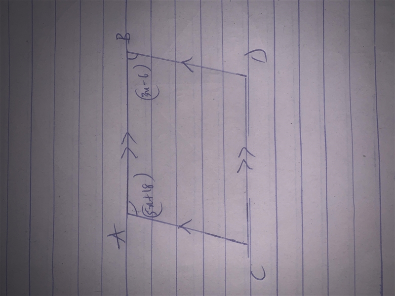 Given parallelogram ABCD, m\angle A=5x+18 and m\angle B=3x-6 find find m\ C-example-1