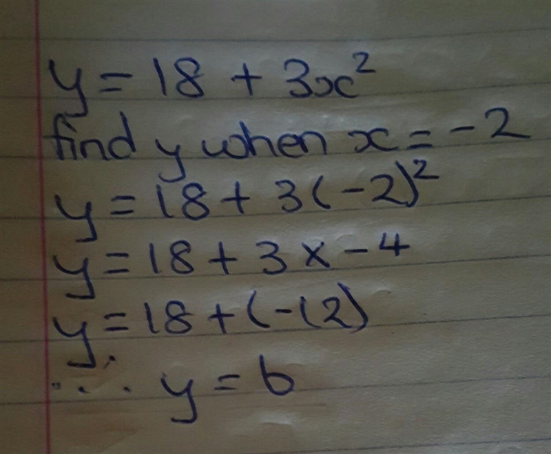 Given that y=18 + 3x² (i) find the value of y when x= -2-example-1