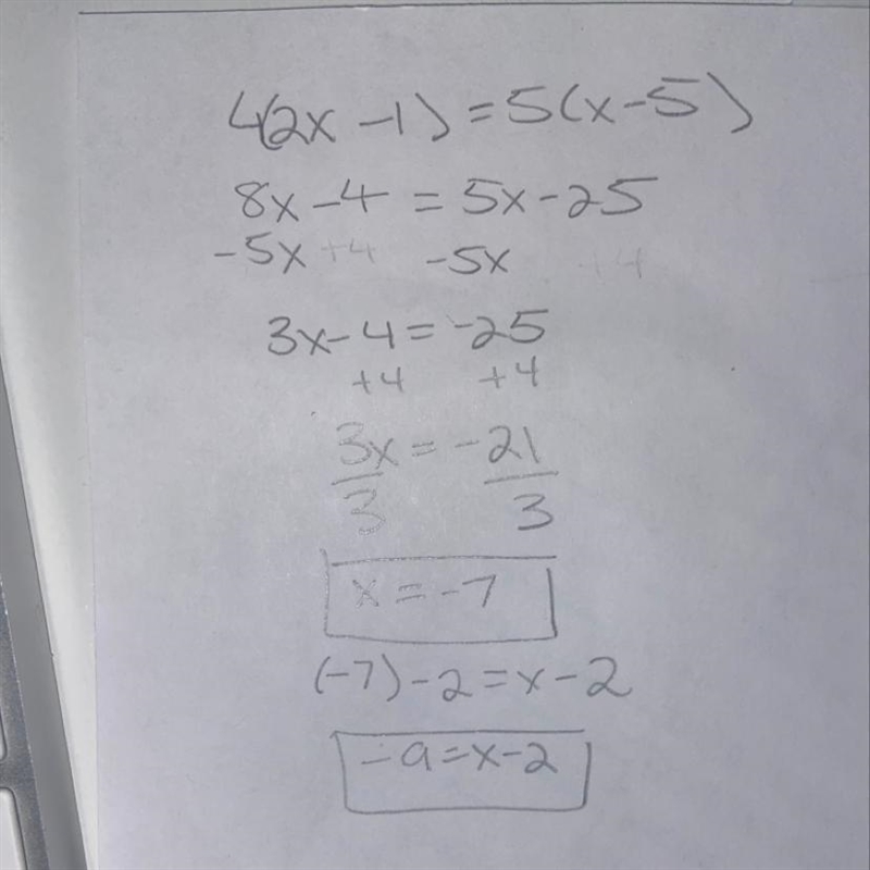 4(2x-1)=5(x-5) solve the equation for x then find x-2-example-1