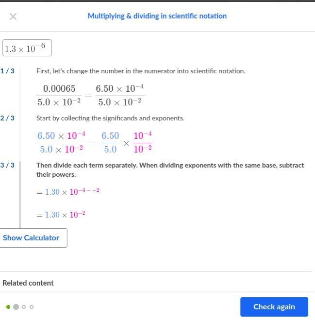 Calculate the quotient below and give your answer in scientific notation. 0.00065/5*10^-2-example-1