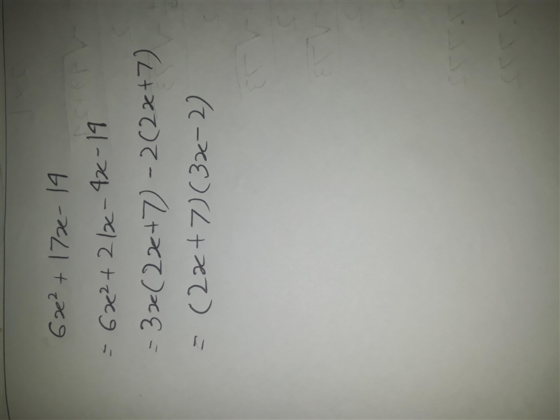 Factor the following quadratic expression: 6x^2 + 17x - 14-example-1