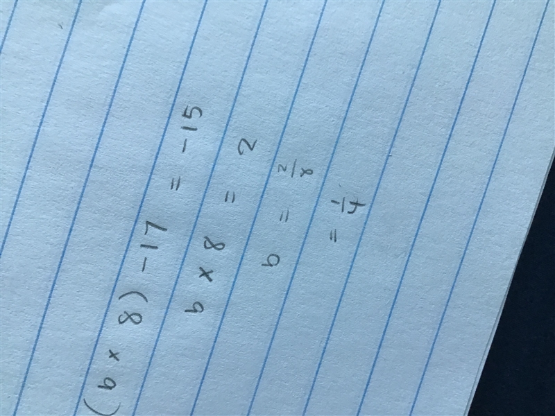 The quotient of a number and 8 decreased by 17 is -15. What is the number?-example-1