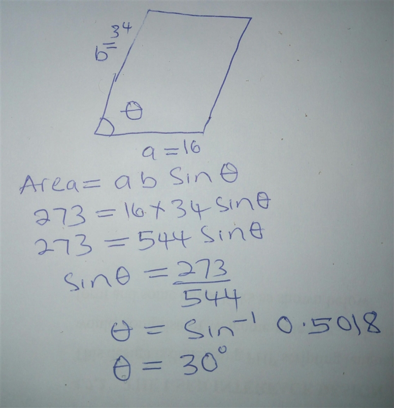 The area of a parallelogram is 273, and the lengths of its sides are 16 and 34. Determine-example-1