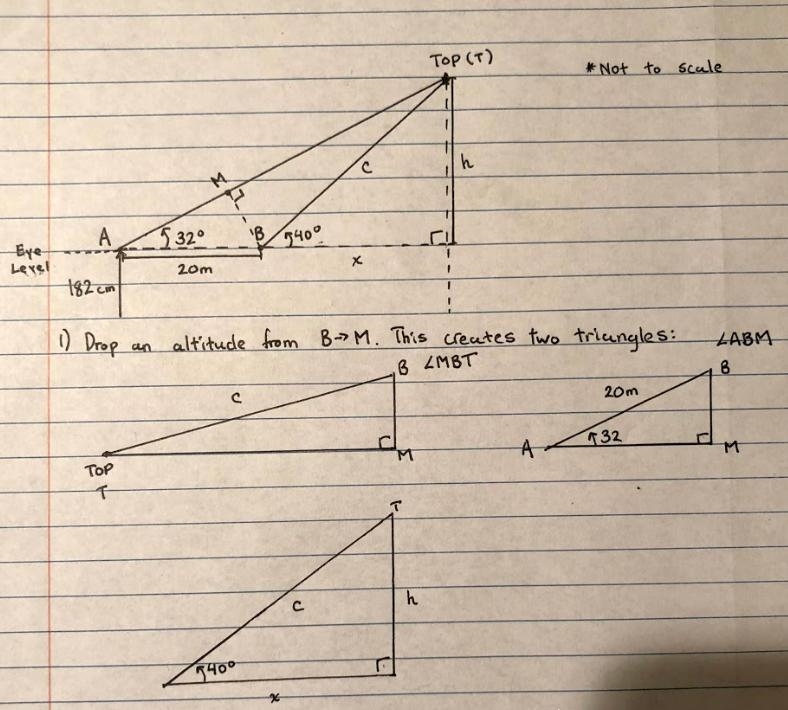 1 A student whose eye level is 182 cm from the ground observed the top of their house-example-1