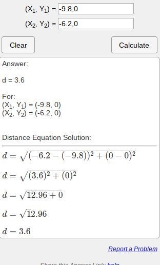 Find the distance between the points -6.2 and -9.8.Show your work for full credit-example-2