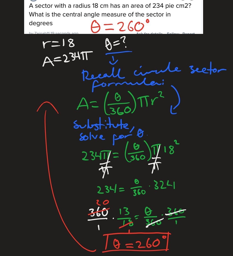 A sector with a radius 18 cm has an area of 234 pie cm2? What is the central angle-example-1