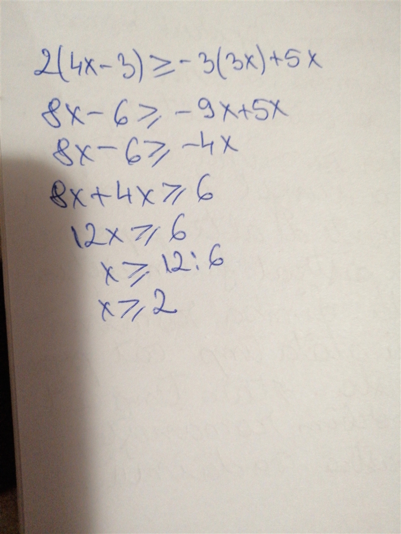 Solve the inequality. 2(4x – 3) ≥ –3(3x) + 5x? Show your steps please.-example-1