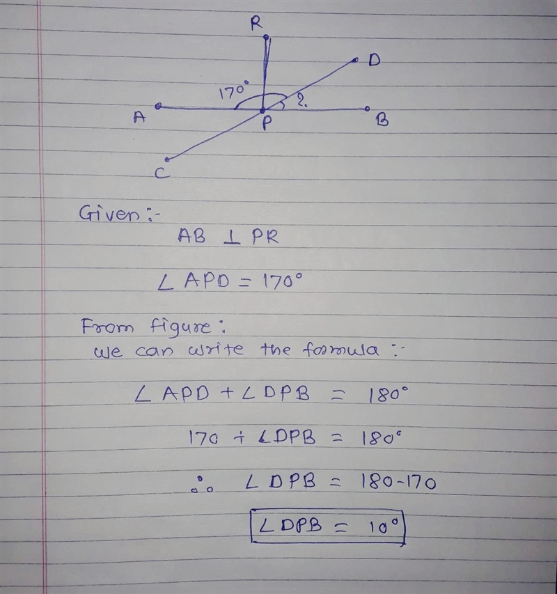 Lines AB and CD intersect at P. PR is perpendicular to line AB, and the measure of-example-1