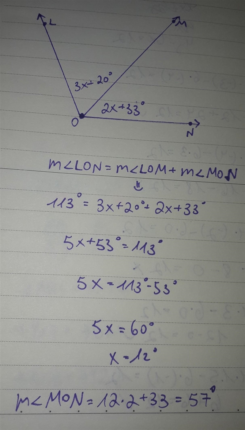 Given: m∠LON=113° m∠LOM=3x+20 ° m∠MON=2x+33° Find ∠MON-example-1