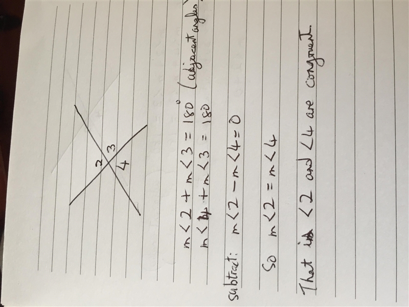 Given angle2 and angle 4 are vertical angels. prove angle 2 cong angle 4-example-1