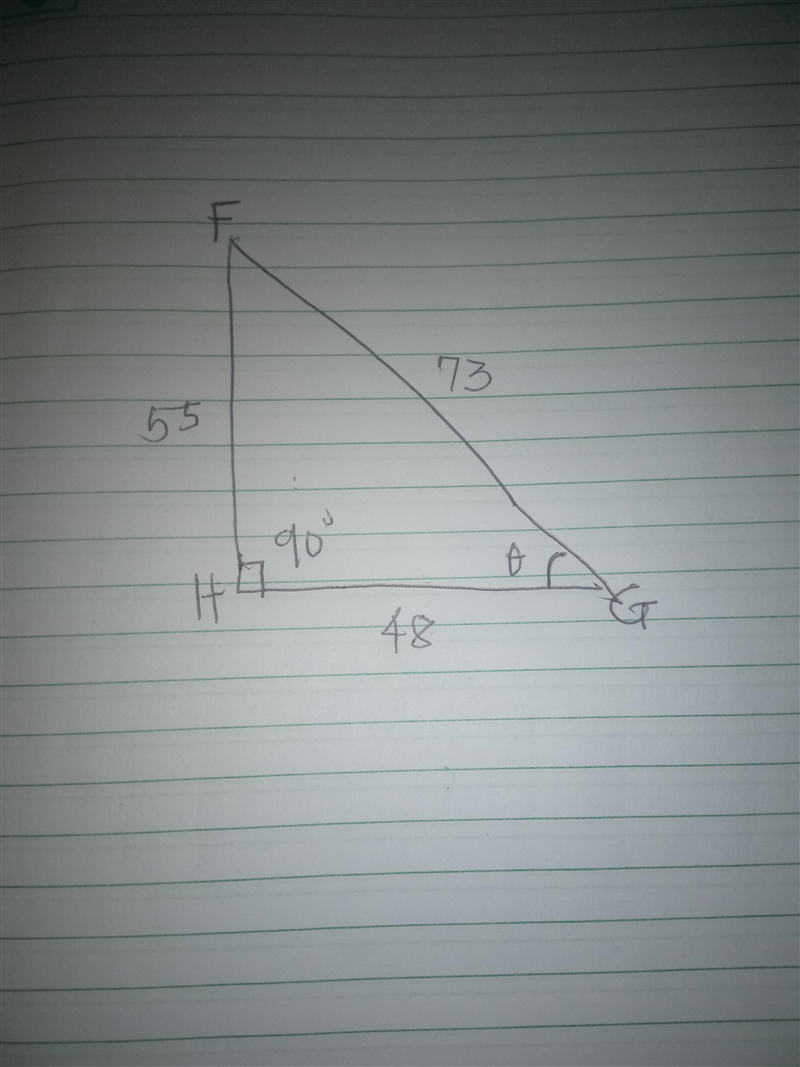 In ΔFGH, the measure of ∠H=90°, HG = 48, FH = 55, and GF = 73. What ratio represents-example-1