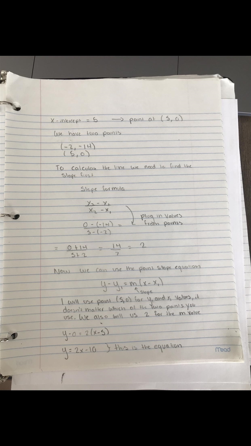 What is the equation of the line with a x-intercept of 5 and a point (-2, -14)?-example-1