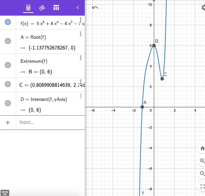 Graph the function f(x)= 5x^5 + 4x^4 - 4x^3 - 7x^2 +6 by making a table of values-example-1