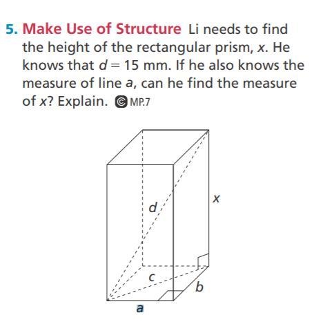 Li needs to find the height of the rectangular prism, x. He knows that d = 15 mm. If-example-1