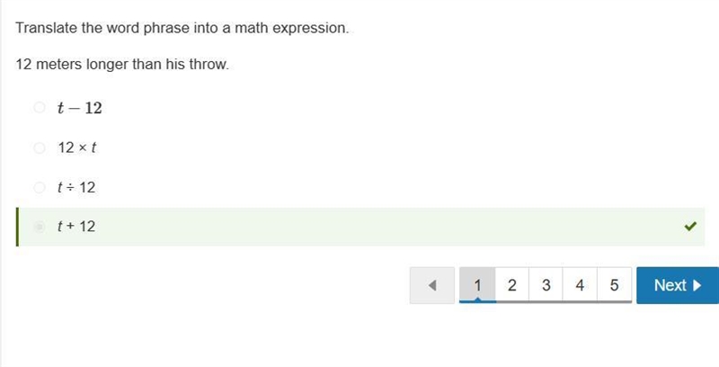 Translate the phrase into a math expression. Twelve more than the quotient of six-example-1