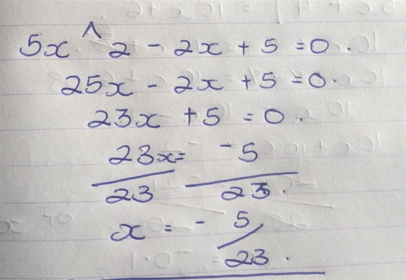 What is x equal to in the equation 5x^2-2x+5=0?-example-1