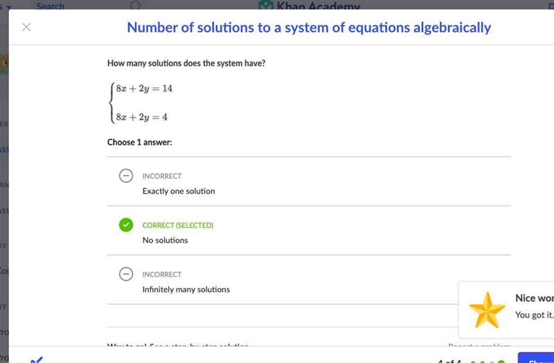 How many solutions does the system have? 8x + 2y = 14 (8x + 2y = 4-example-1