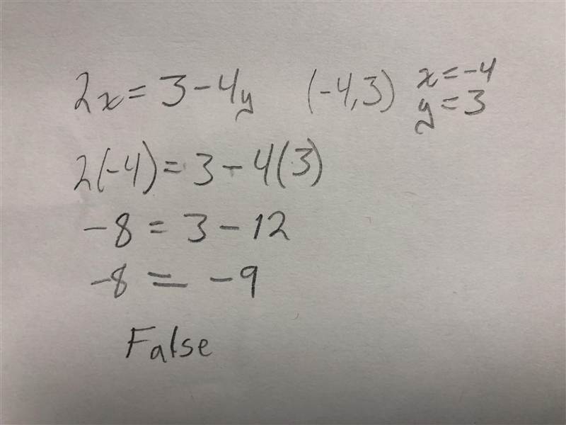 10. 2x =3 - 4y Contains the point (-4,3)-example-1