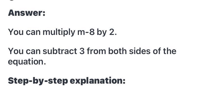 The equation 2 (m - 8) + 3 = 17 has more than one solution method. Give at least two-example-1