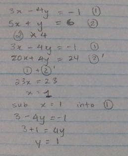 Solve the simultaneous equations 3x-4y+1=0 and 5x+y-6=0​-example-1