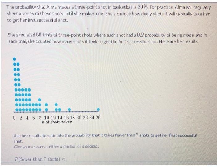 The probability that Alma makes a three-point shot in basketball is 20%, percent. For-example-1