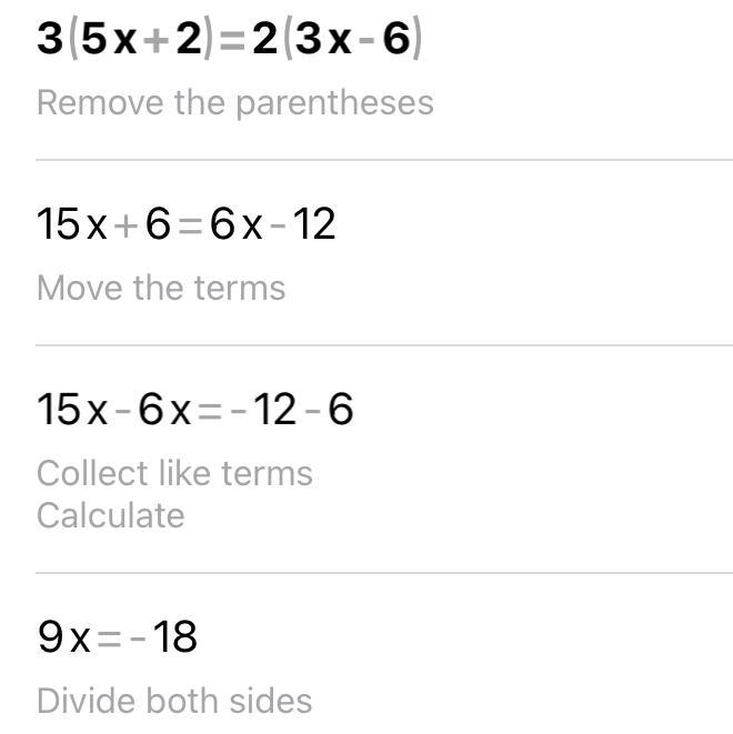 3(5x+2)=2(3x-6) help i need to show work and I have no idea how to do this-example-1