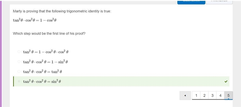 Marty is proving that the following trigonometric identity is true: tan2θ⋅cos2θ=1−cos-example-1