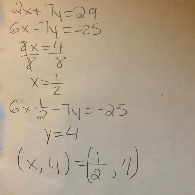 2x+7y=29 6x-7y=-25 by subject of elimination-example-1