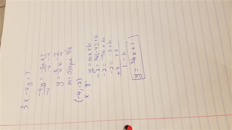 Which equations represent the line that is parallel to 3x − 4y = 7 and passes through-example-1