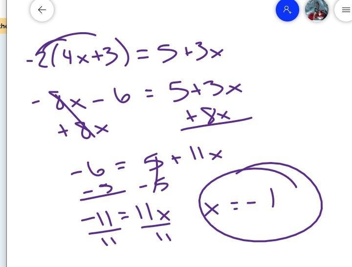 What is the solution to the following equation? −2(4x+3)=5+3x-example-1