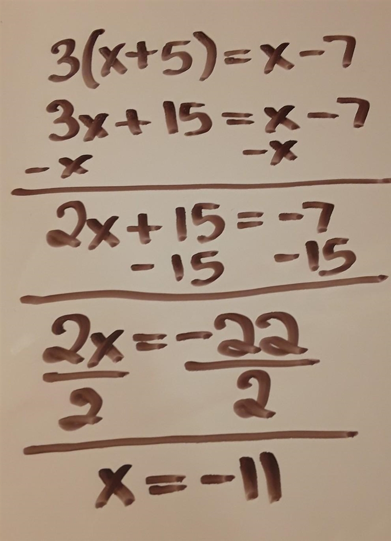 Solve for x. Show all work 3(x + 5) = x - 7-example-1