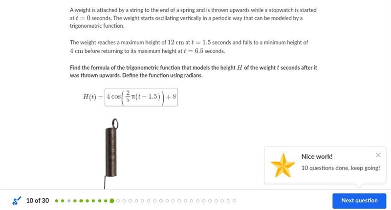 A weight is attached by a string to the end of a spring and is thrown upwards while-example-1