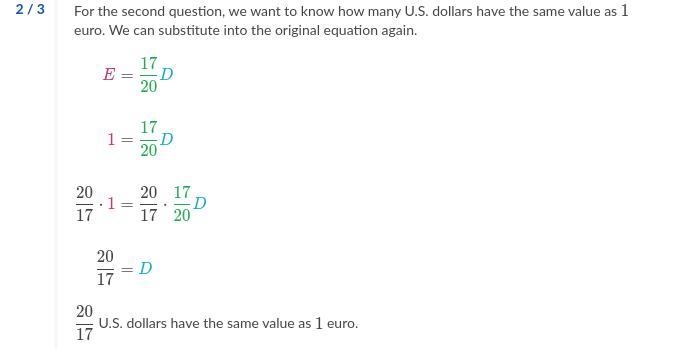 We can calculate E, the amount of euros that has the same value as D U.S. dollars-example-3