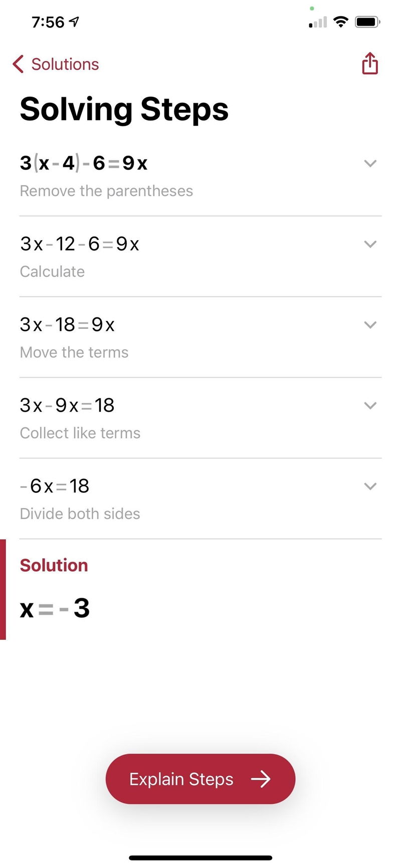 Solve for x 3(x-4)-6=9x-example-1