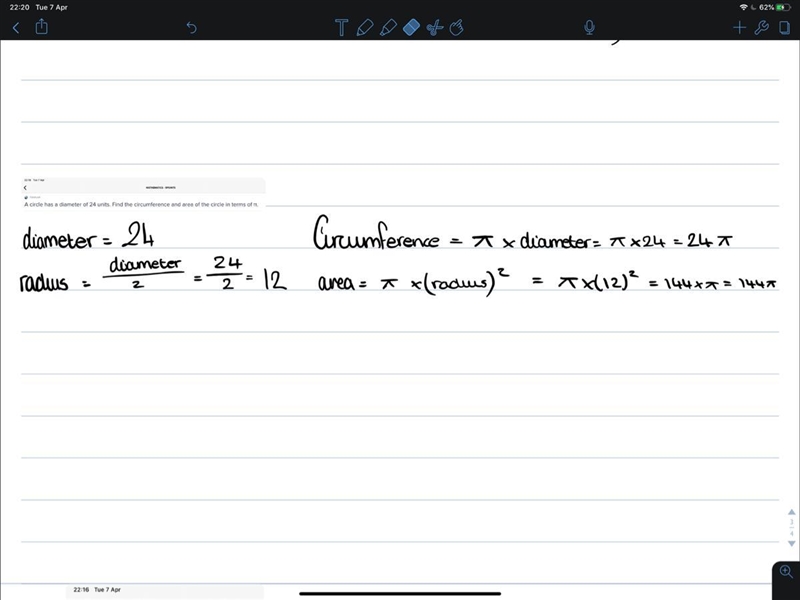 A circle has a diameter of 24 units. Find the circumference and area of the circle-example-1